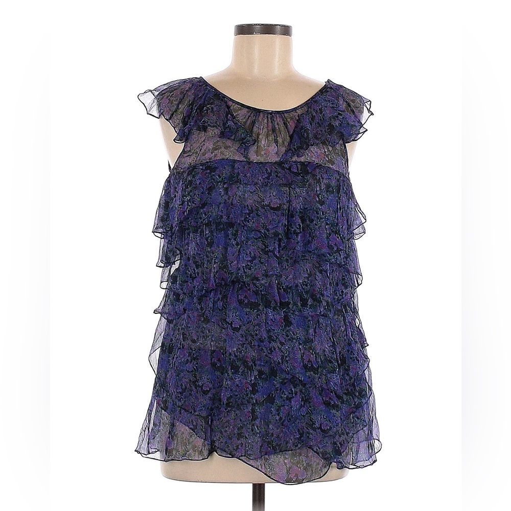 Richard Chai for Bergdorf Goodman Purple Floral Ruffle Tiered Sheer Tank